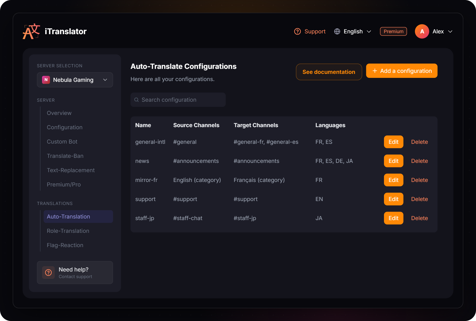 The Auto-Translation page listing the configurations of a server