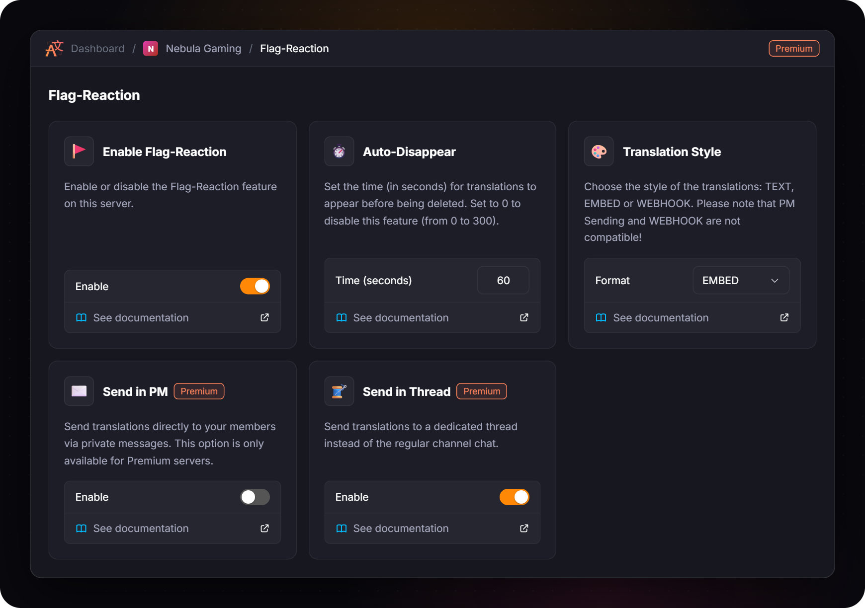 The Flag-Reaction page, one card per option
