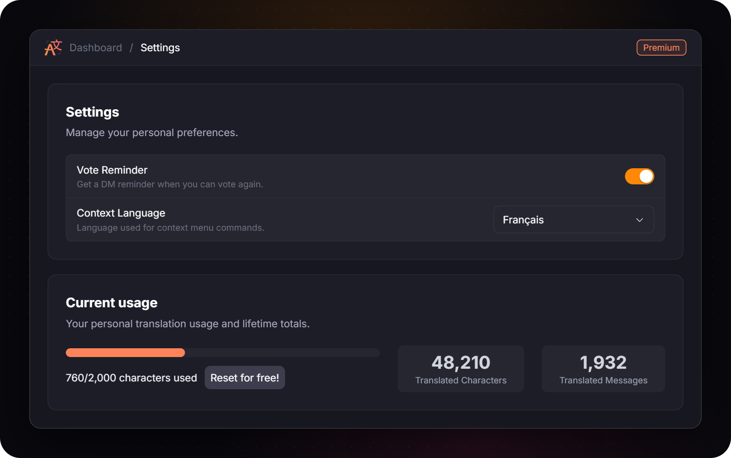The Settings page with the vote reminder, the context language and the personal usage