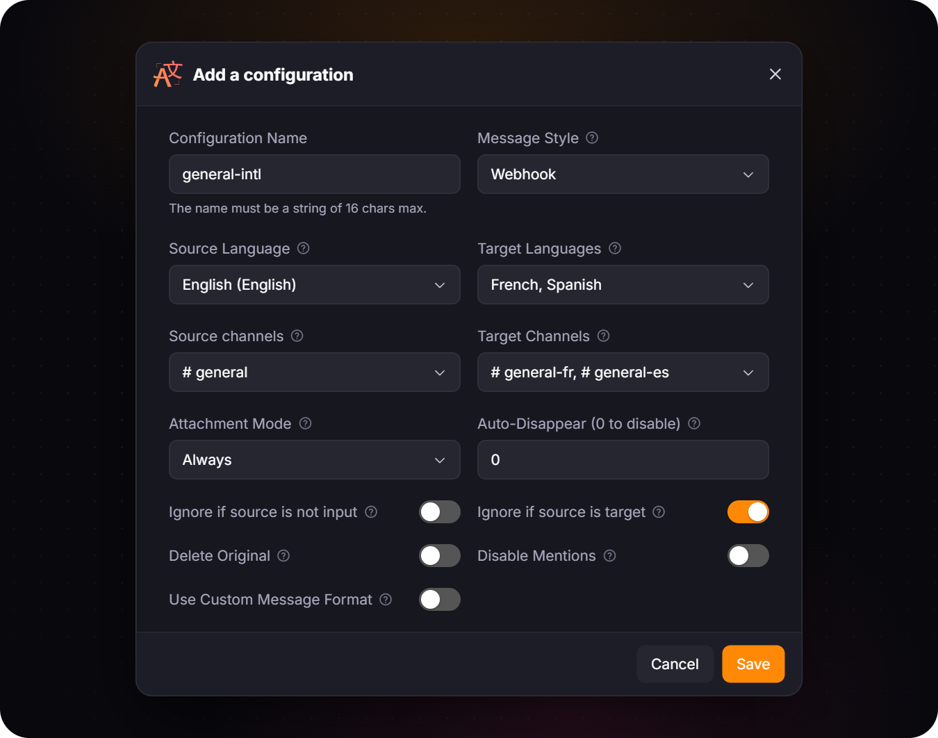 The form used to add an Auto-Translate configuration