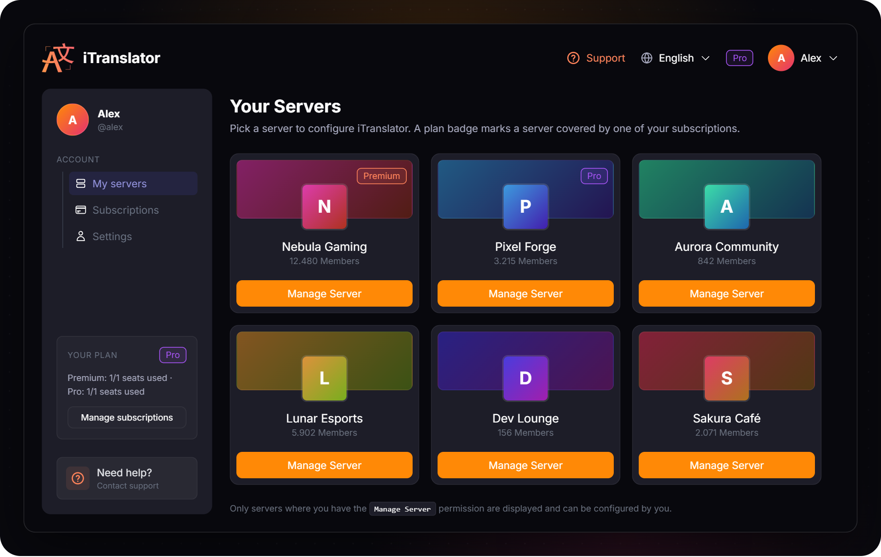 The My servers page of the dashboard, with one card per Discord server